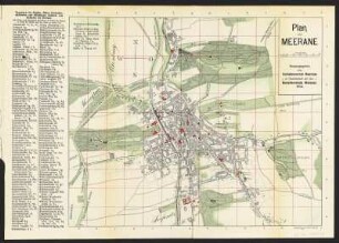 Plan von Meerane, 1:7 500, Lithographie, 1913 : Plan von Meerane / herausgegeben vom Verkehrsverein Meerane in Gemeinschaft mit dem Gewerbeverein Meerane. - 1:7 500. - Meerane : Lithographie und Druck Curt Herrmannl , 1913. - 1 Kt : mehrfarb. Lithogr. ; 31,5 x 26 cm. - Mit Straßen- u. Gebäudeverzeichnis