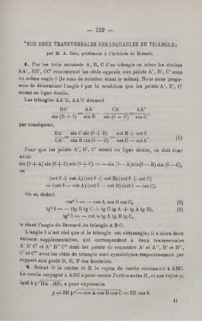 SUR DEUX TRANSVERSALES REMARQUABLES DU TRIANGLE.
