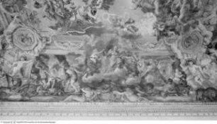 Triumph der Divina Providentia - Apotheose des Hauses Barberini und der päpstlichen Herrschaft Urbans VIII., Allegorien der politischen und geistlichen Autorität des Papsttums, Autorità pontificia, flankiert von Klugheit und Ruhm, links Vulkan und die Kyklopen