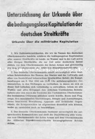 Abwurf-Flugblatt der Alliierten mit dem Text der Kapitulationsurkunde