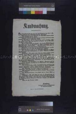Maueranschlag: Bekanntmachung des Chefs der Sicherheitsbehörde Fenner von Fenneberg über die Aufgaben der Sicherheitsbehörde; Wien, 26. Oktober 1848