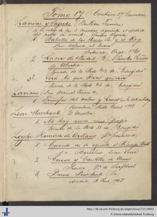Handschriftliches Inhaltverzeichnis des Bandes