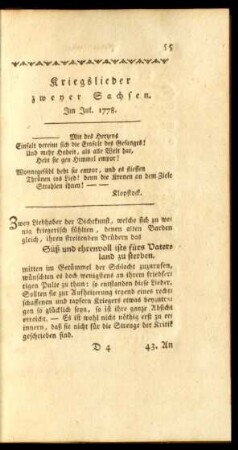 Kriegslieder zweyer Sachsen. Im Jul. 1778