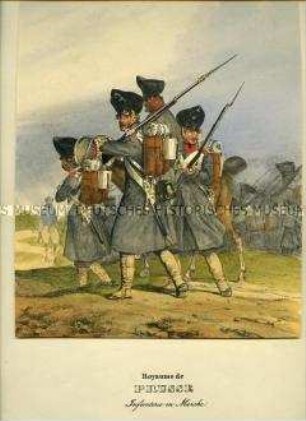 Uniformdarstellung, Infanterie auf dem Marsch, Preußen, 1838/1843. Aus: Eckert/Monten: Das deutsche Bundesheer. Tafel 7.