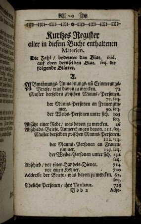 Kurtzes Register aller in diesem Buche enthaltenen Materien.