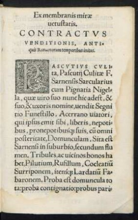 Ex membranis mirae vetustatis. Contractus Venditionis, Antiquis Romanorum temporibus initus.