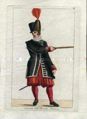Uniformdarstellung, Sergeant der Schweizer Garde, Vatikan, 1827. Tafel 62 aus Capparoni: Raccolta della gerarchia ecclesiastica.