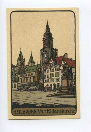 Außenansicht der Kilianskirche von Nordwesten, mit den Häusern Kaiserstraße 32 und 34, Marktplatz mit Robert-Mayer-Denkmal und Marktständen