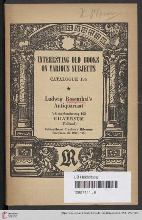 Nr. 195: Catalogue: Interesting old books on various subjects