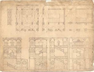Métivier, Jean Baptiste; München; Wittelsbacher Palast - Treppenhaus (Grundrisse, Schnitte); Gewölbe (Grundriss, Detail)