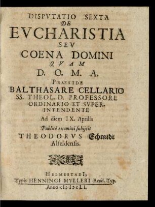 Disputatio Sexta De Eucharistia Seu Coena Domini