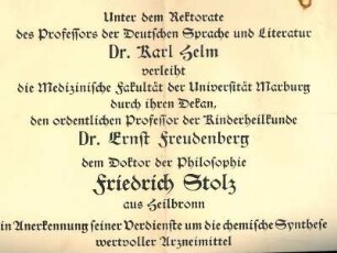 Urkunde über die Verleihung des Dr. med. ehrenhalber an Dr. phil. Friedrich Stolz durch die Universität Marburg