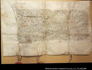 Friedensvertrag zwischen den Grafen Edzard I. und Uko von Ostfriesland und ihren Bündnispartnern und dem Häuptling Hero Omken von Dornum = OUB II, Nr. 1490, S. 500 Anhängende Siegel 1 erhalten, 2 verloren, 3 beschädigt erhalten, 4, 5 und 6 verloren, 7 beschädigt erhalten, 8 verloren