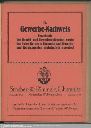 IV. Berufsklassen und Gewerbebetriebe : IV. Gewerbe-Nachweis nach Erwerbs- und Berufszweigen geordnet, …