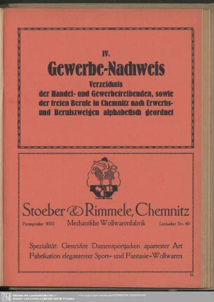 IV. Berufsklassen und Gewerbebetriebe : IV. Gewerbe-Nachweis nach Erwerbs- und Berufszweigen geordnet, …