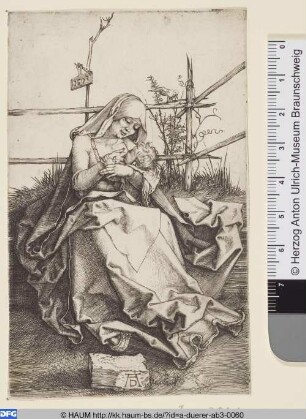 Maria auf der Rasenbank, das Kind stillend