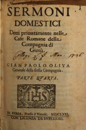 Sermoni Domestici : Detti privatamente nelle Case Romane della Compagnia di Giesù, 4