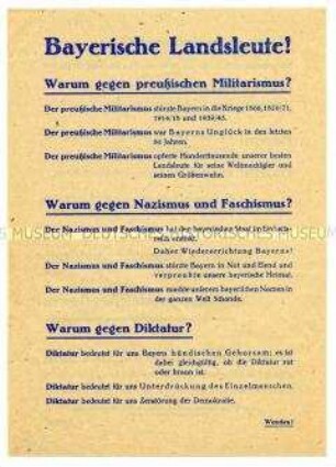 Programmatisches Flugblatt der Bayrischen Demokratischen Union mit separatistischen Bestrebungen