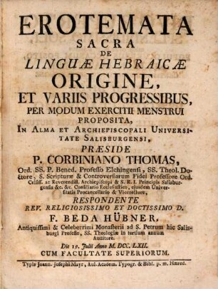 Erotemata sacra de linguae Hebraicae origine et variis progressibus