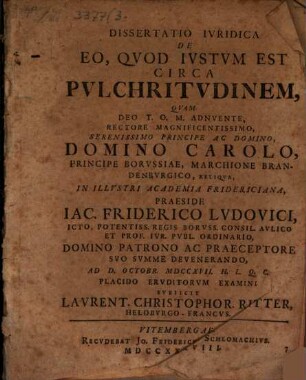 Diss. iur. de eo, quod iustum est circa pulchritudinem