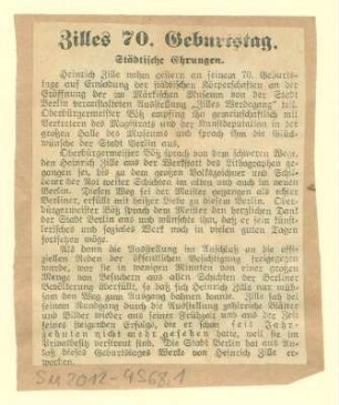 Zeitungsausschnitte - Zilles 70. Geburtstag