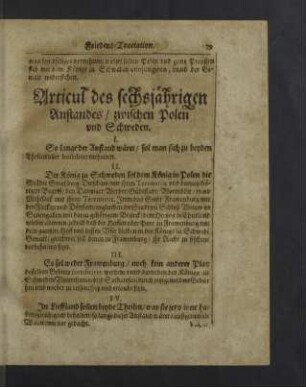 Articul des sechsjährigen Anstandes / zwischen Polen und Schweden.