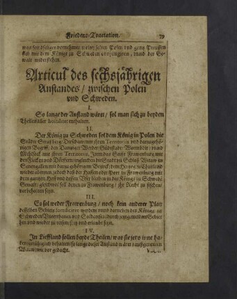Articul des sechsjährigen Anstandes / zwischen Polen und Schweden.