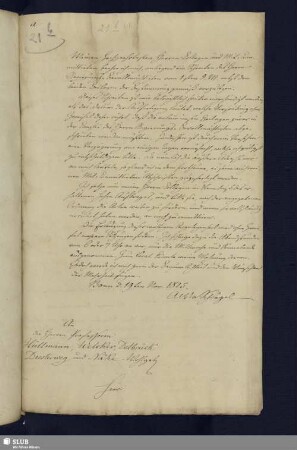 21b(1): Brief Schlegels an seine Kollegen Hüllmann, Welcker, Delbrück, Diesterweg und Näke mit deren Antworten auf Rückseite; dat. Bonn, 19.11.1825.