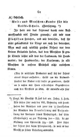 Lehrfach : Welt- und Menschen-Kunde für die Volks-Schule ; (Fortsetzung) ; (Fortsetzung folgt)