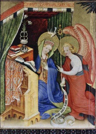 Wildunger Altar — Altar im geöffneten Zustand — Verkündigung, Geburt Christi, Anbetung der Könige und Darbringung im Tempel — Verkündigung Mariae