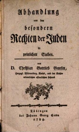 Abhandlung von den besondern Rechten der Juden in peinlichen Sachen