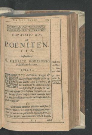 Disputatio XIV. De Poenitentia. Respondente M. Henrico Godekenio.