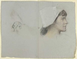 Kopf einer jungen Frau mit Haube im Profil nach rechts