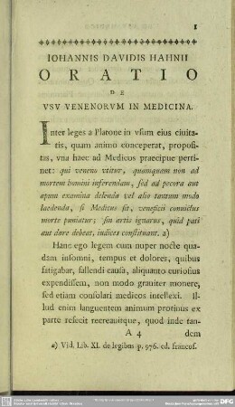 Iohannis Davidis Hahnii Oratio De Usu Venenorum In Medicina