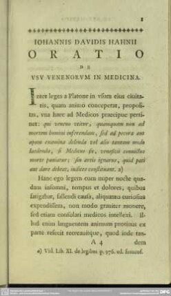 Iohannis Davidis Hahnii Oratio De Usu Venenorum In Medicina