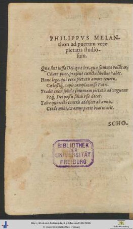 Philippus Melanchthon ad puerum veræ pietatis studiosum