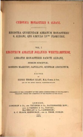 Registra quorundam abbatum Monasterii S. Albani, qui saeculo XVmo floruere, 1. Registrum Abbatiae Johannis Whethamstede