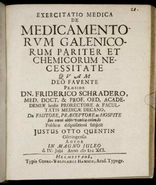 Exercitatio Medica De Medicamentorum Galenicorum Pariter Et Chemicorum Necessitate