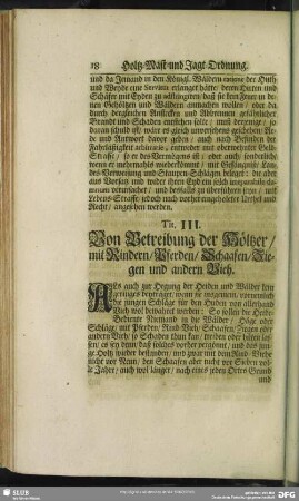 Tit. III. Von Betreibung der Höltzer, mit Rindern, Pferden, Schaafen, Ziegen und andern Vieh