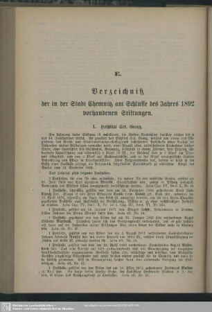 E. Verzeichniß der in der Stadt Chemnitz am Schlusse des Jahres 1892 vorhandenen Stiftungen