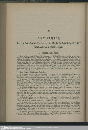 E. Verzeichniß der in der Stadt Chemnitz am Schlusse des Jahres 1892 vorhandenen Stiftungen