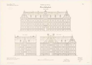 Bekleidungsamt des VII. Armeekorps, Münster: Mannschaftsgebäude: Aufriss Vorderansicht, Rückansicht, Seitenansicht 1:100
