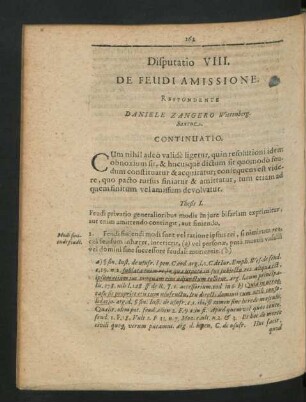 Disputatio VIII. De Feudi Amissione. Respondente Daniele Zangero