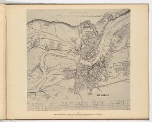 Stadtplan von Dresden und Umgebung mit Kartierung des Hochwassers vom März 1845 und einem Höhenprofil von Meißen und Umgebung, aus dem Atlas zur Geschichte Dresdens von 1898