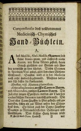 Compendieuses doch vollkommenes Medicinisch-Chymisches Hand-Büchlein.