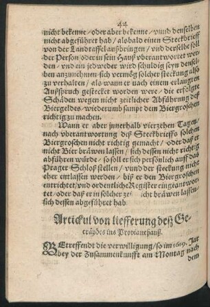 Artickul von liefferung deß Getraydes ins Provianthauß.