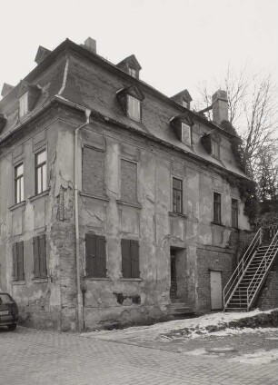 Mylau, Polstersches Haus : Mylau. Wohnhaus (um 1800, Polstersches Haus), Brücknerstraße 28. Giebelansicht
