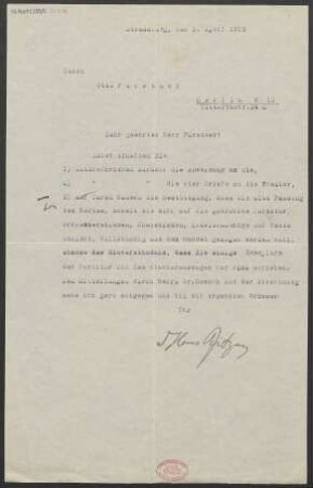 Brief an Otto Fürstner an Adolph Fürstner  : 01.04.1918
