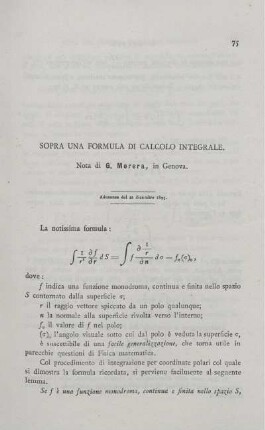 Sopra una formula di calcilo integrale.