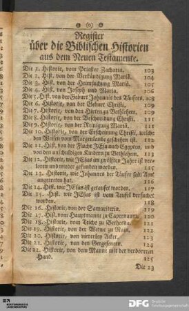 Register über die Biblischen Historien aus dem Neuen Testamente.